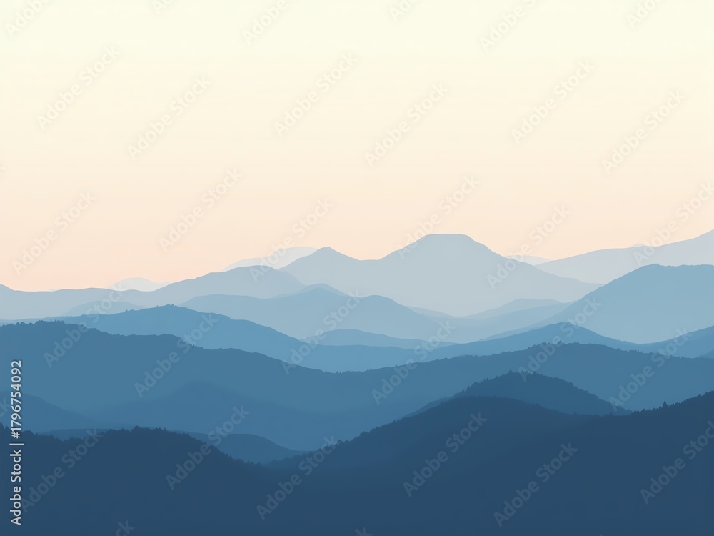 Obraz premium Serene blue mountain range landscape at sunrise, tranquil natural beauty, atmospheric depth, soft sky colors.