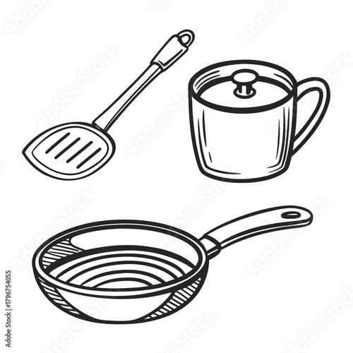 Handdrawn illustration of kitchen utensils, including a slotted spatula, a saucepan with a lid, and a frying pan, cooking tools