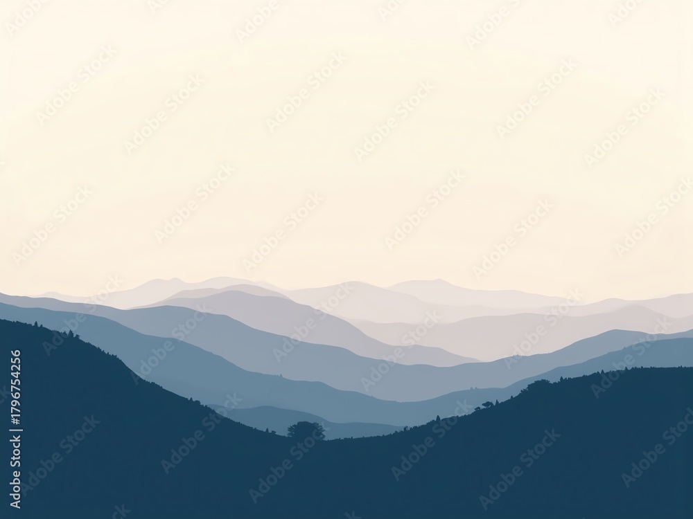 Fototapeta premium Serene mountain layers, muted blues and soft sky, peaceful landscape, natural beauty, atmospheric vista.