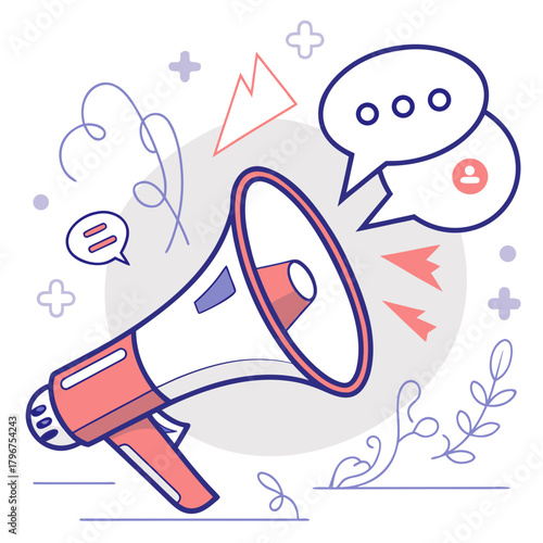 A vector illustration of a megaphone with speech bubbles, representing communication, marketing, and announcements