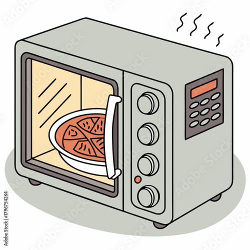 A cartoon microwave oven with a pizza inside, steaming and ready to eat, a convenient kitchen appliance for quick meals