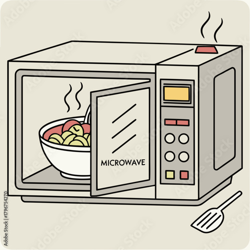 A cartoon microwave oven with a bowl of food inside, steaming and ready to eat, a convenient kitchen appliance for quick meals