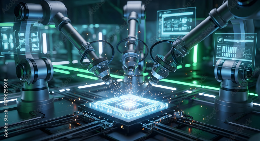 Fototapeta premium 60 FPS cinematic view of robotic arms assembling a glowing microchip in a high-tech facility. Perfect for AI technology explainers automation promos engineering education innovation brandin 12730895 1