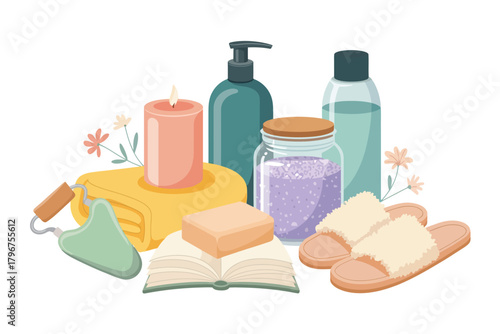 Vector illustration of spa and wellness items including a lit candle, soap, lotion, slippers, and a gua sha tool