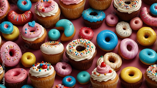 A delightful assortment of colorful donuts and cupcakes arranged in a vibrant, appetizing pattern, perfect for food and celebration themes.