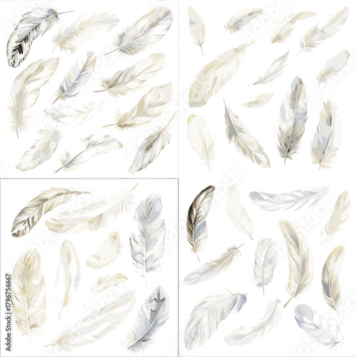 Soft white watercolor feathers in airy ivory and cream tones. Hand-painted floating plumes, isolated for clean modern decor, wedding stationery, nursery art, and serene minimalist designs.