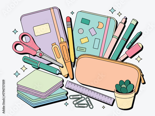 Vector illustration of a vibrant collection of stationery items including notebooks, pens, pencils, scissors, ruler, pencil case, and paper clips