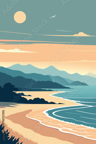 Coastal landscape with mountains and moonlit sky