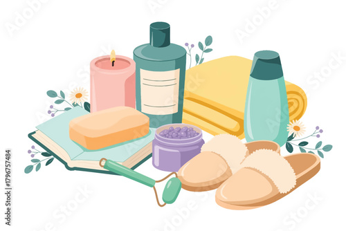 Vector illustration of spa and wellness items including a lit candle, soap, face roller, jar of bath salts, slippers, and rolled towel