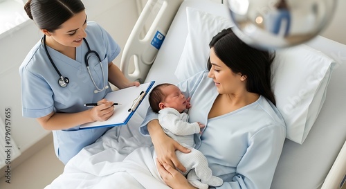 A new mother bonding with her newborn baby in a hospital bed while a nurse takes notes, capturing the precious moments of motherhood and postpartum care