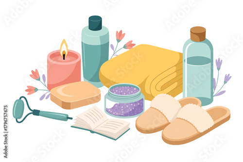 Vector illustration of spa and wellness items including a lit candle, soap, face roller, jar of bath salts, slippers, and rolled towel