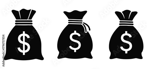 Three Solid Black Money Bag Icons Representing Financial Gains and Economic Assets