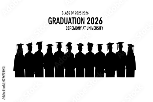 Silhouettes of students with graduate caps in a row isolated on white panoramic background. Class of 2025 2026 graduation ceremony at university web banner.
