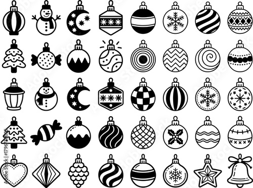 Christmas ornaments collection. X-mas tree decoration set. Holiday vector illustration. Simple minimalist festive icons such as baubles, star, moon, candy, snowman