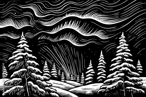 Aurora borealis glows over a frozen Scandinavian forest, creating a surreal and poetic northern winter atmosphere above snow and pine silhouettes