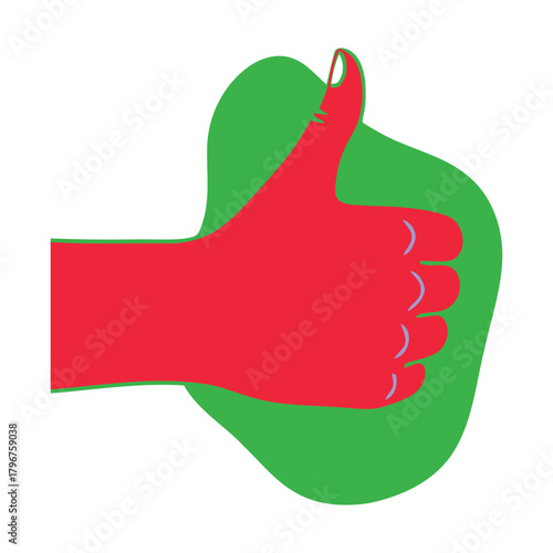 Vibrant Red Hand Giving a Thumbs Up Gesture on a Green Abstract Shape