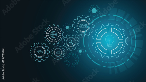 Modern technology background with glowing gear icons light bulb symbol network elements and digital tech theme ideal for innovation business solutions analysis teamwork and progress concepts