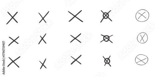 A seamless pattern of hand-drawn X marks and crossed symbols in varied sizes and styles, featuring simple sketch lines and circular outlines, ideal for decorative, minimalist, and playful design uses.