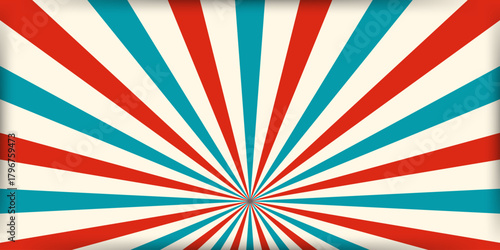 Striped retro circus banner empty central space for headline. Vintage design for poster template,magic show, theatre, attractions, carnival events. Horizontal vector illustration red blue beige colors