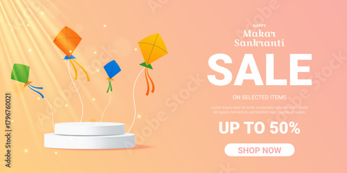 Happy Makar Sankranti sale banner design. Special offer 50 percent off discount for holiday season template with colorful kites, podium and sunlight flat style. Vector illustration