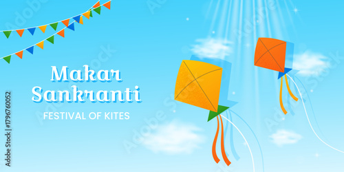 Happy Makar Sankranti banner with bright kites flying in blue sunny sky. Indian festive design for celebration, harvest and traditional cultural holiday greeting. Horizontal vector illustration