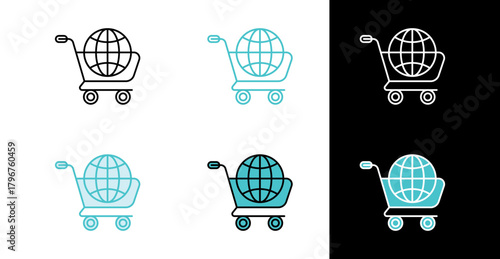 Shopping cart with globe icon for global e-commerce and online retail in line and fill style