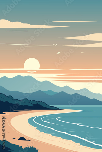 Coastal sunset landscape with mountains and ocean waves