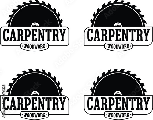Carpentry and woodwork vintage emblem logo design set featuring a saw blade and forest details on white background.