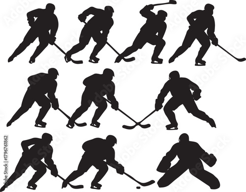 Dynamic ice hockey player silhouettes collection in action poses, including a goalie, isolated for sports design.