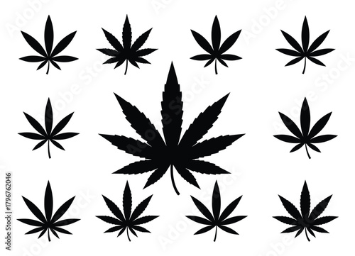Collection of dark cannabis plant leaf silhouettes in different sizes and shapes