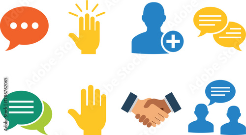 Colorful vector icon set for social media, online communication, user interaction, and business collaboration.