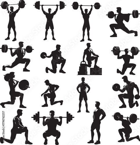 Diverse male weightlifting and strength training workout silhouettes in various active poses and exercises set.