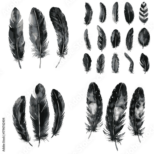 Elegant monochrome watercolor feathers in black and gray, detailed with speckles and stripes. Classic natural set for minimalist design, labels, and sophisticated decor.
