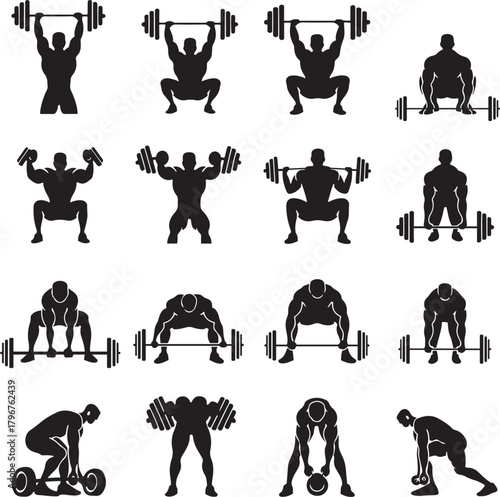 Diverse male strength training silhouettes weightlifting, barbells, dumbbells, kettlebells, fitness, gym, power.