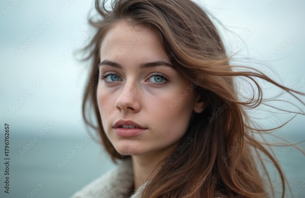 Fototapeta premium Close up of young woman with long brown hair blowing in wind. Girl with blue eyes looks at camera. She looks sad. Hair is curly and blowing. Sea in background.