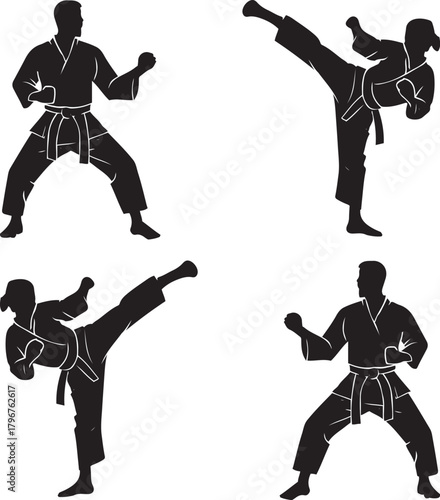 Dynamic martial arts silhouettes set depicting various combat poses, training, and self-defense movements for men and women.