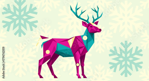A stylized geometric reindeer in magenta and teal stands against a background of snowflakes.