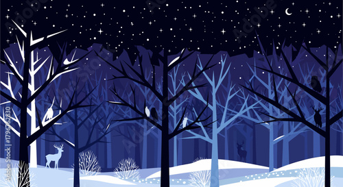 A serene winter forest at night with deer and owls under a starry sky.