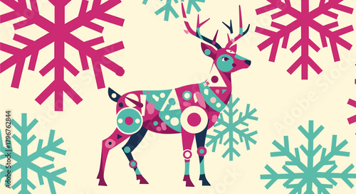 A stylized reindeer with geometric patterns and colorful shapes stands amidst large snowflakes.