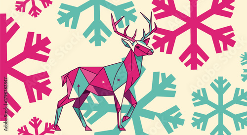 A geometric deer in pink and teal surrounded by large stylized snowflakes.