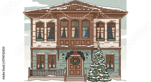 Traditional Turkish house decorated for winter with snow and Christmas tree  