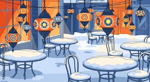 Cozy café scene with snow-covered tables and decorative lanterns  