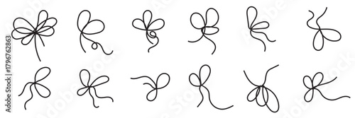 Hand-drawn ribbon bow doodles for decorative design. Collection of playful, loosely sketched bow doodles ideal for handmade graphics, gift tag designs, invitation accents, and creative illustration 


