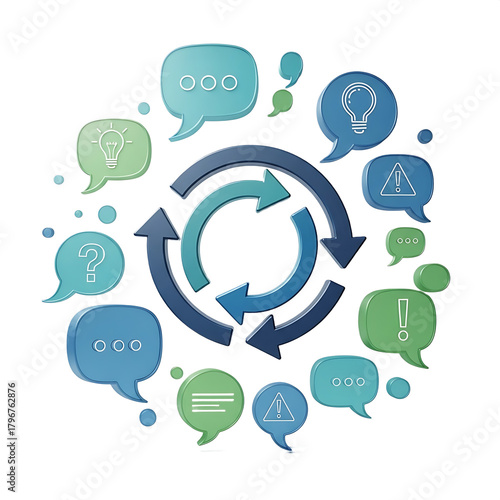 Circular arrows and speech bubbles with icons representing ideas, questions, and alerts, symbolizing a continuous process of communication, problemsolving, and innovation