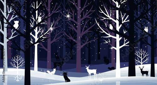 Winter forest scene with animals, snow, and stars in a stylized illustration.