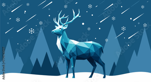 A geometric blue deer stands in a snowy winter forest with falling snowflakes and shooting stars.