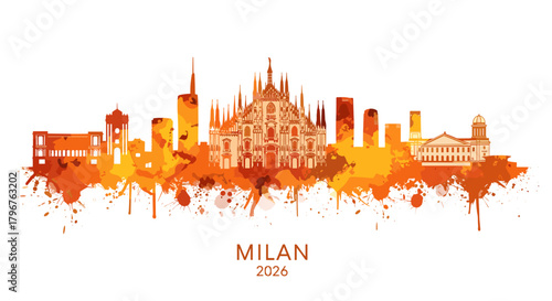 Milan city skyline illustration with orange watercolor splashes  