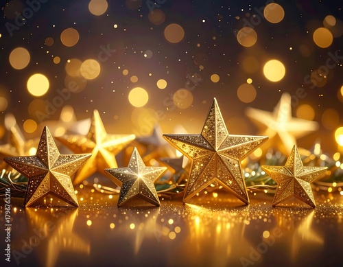 Golden stars sparkle on a reflective surface with a blurred bokeh background. The festive scene creates a warm, celebratory atmosphere
