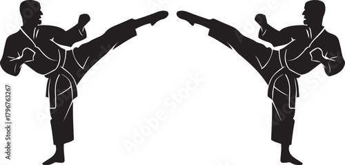 Dynamic silhouette of two martial artists in karate gis executing high kicks, a powerful mirrored combat display.