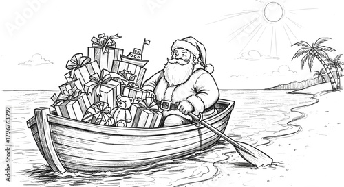 Santa Claus rowing a boat filled with gifts on a sunny beach  